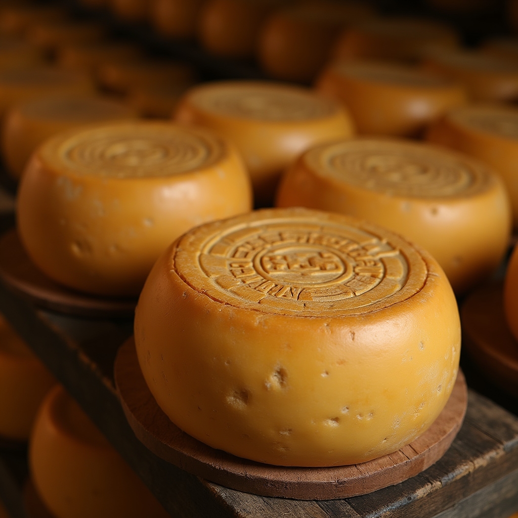 Forme di formaggio con marchio DOP in una cantina di stagionatura
