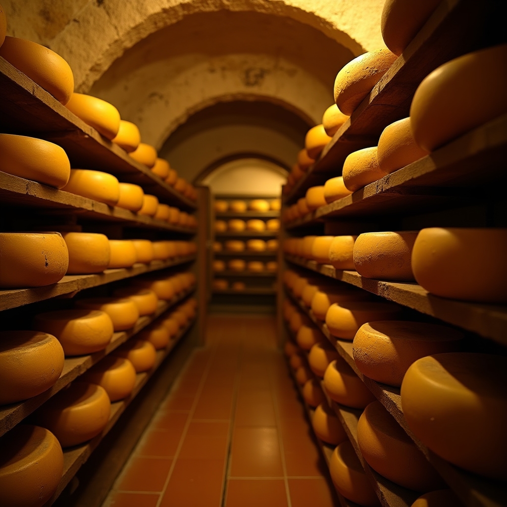 Forme di formaggio in stagionatura in una cantina artigianale